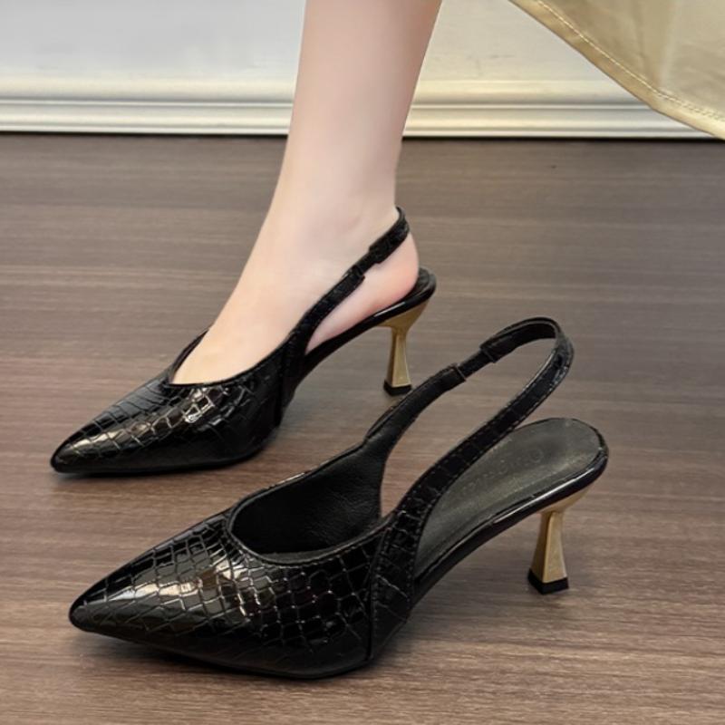 Fashion Women 7cm High Heels Retro Streetwear  Sandles Lady Daily Work Slingback Strap Elastic Mid Heels Glossy Leather Sandals
