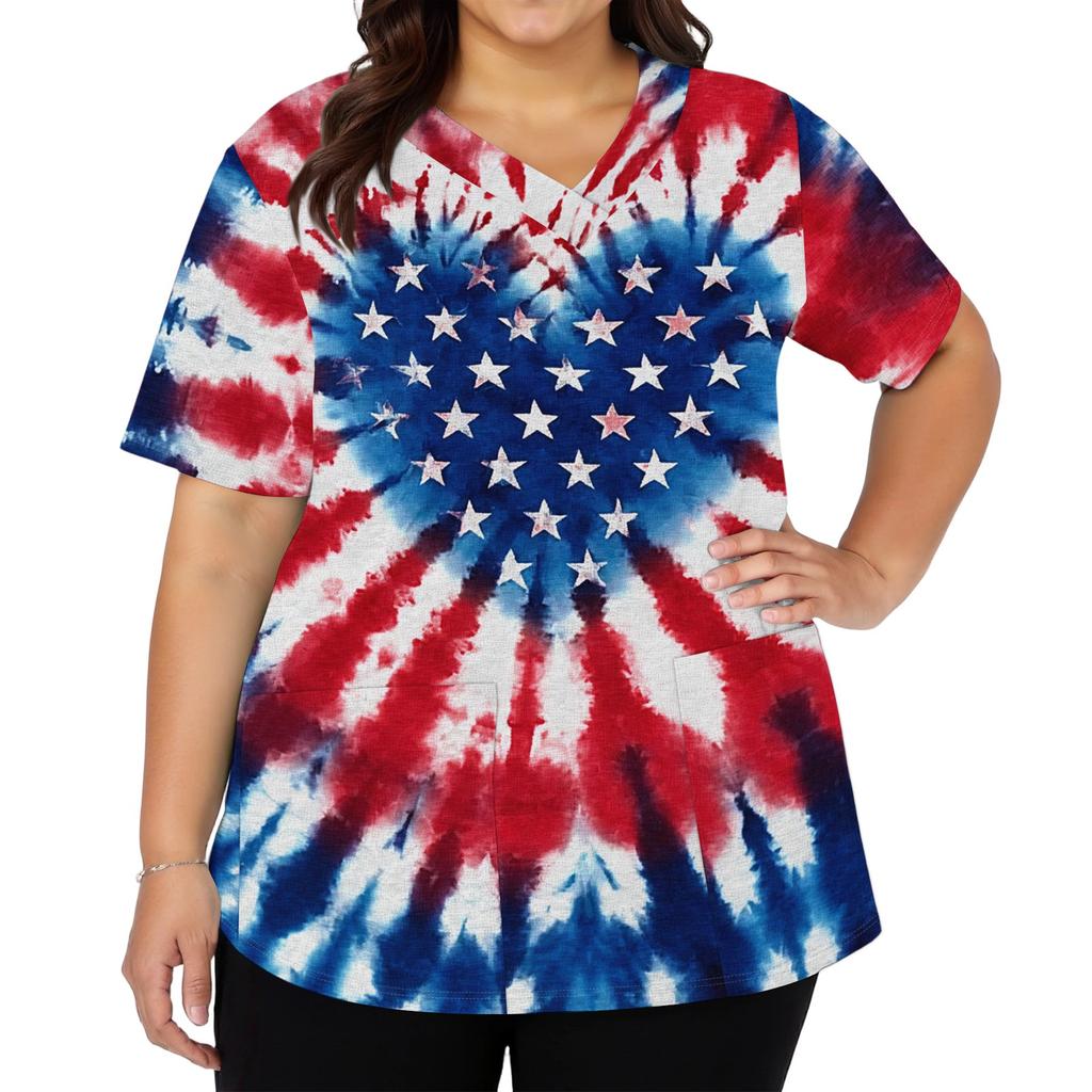 Women's Fashionable Casual Independence Day American Flag And Stars Print V-neck Short-Sleeved Work Shirt With Double Side Slits And Pockets