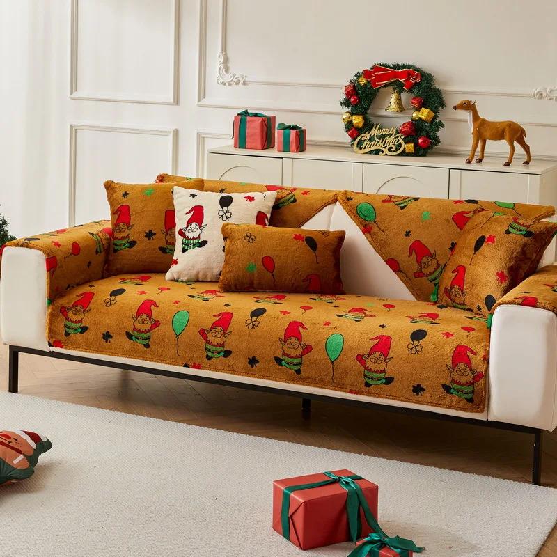 Vánoční flanelové potahy na pohovku Protiskluzová Zimní zateplená podložka na pohovku ručník do obýváku vánoční ozdobný chránič na pohovku univerzální