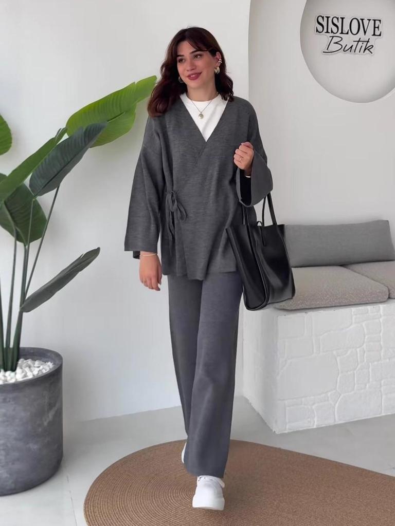 2025 Autumn Women's Crossover Collar Cardigan & Long Pants Set - Solid Color, Long Sleeve, Casual