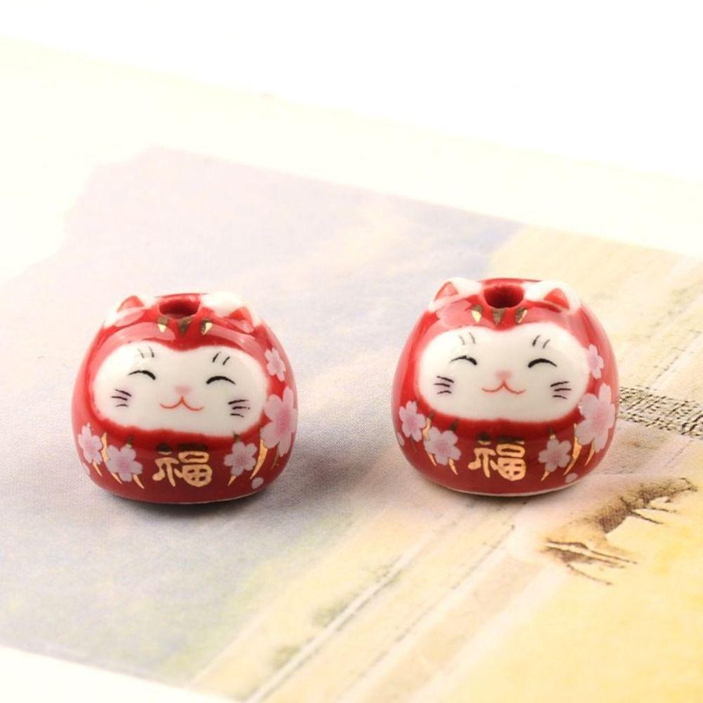 2 Stück bunte Keramikperlen mit Loch, Glückskatzenperlen, Keramik-Katzenornament, Schmuckherstellung