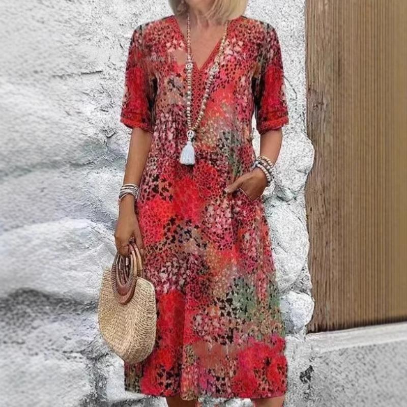 Women's Fashion Printed Lace Encrusted V-Neck Short Sleeve Dresses