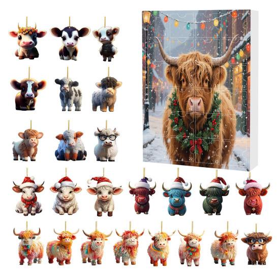 Yousheng Highland Cow Ornaments Advent Calendar 2025 24 Days Christmas Countdown Calendar with Cartoon Cows Ornament for Xmas Tree Decor