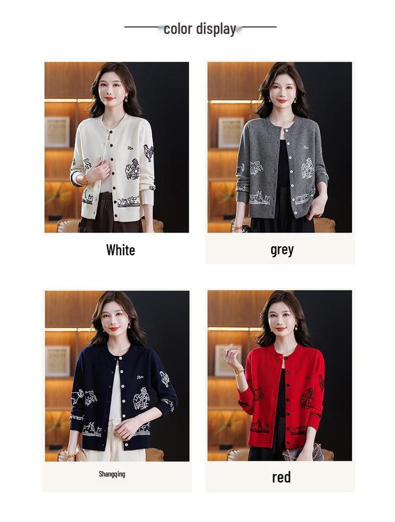 Women's Autumn Wool Cardigan - Letter Embroidery & Animal Knit Design, Round Neck, Long Sleeve