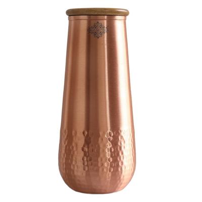 Butelka na wodę do sypialni z czystej miedzi z drewnianą pokrywką, design wazonu Aqua z wykończeniem młotkowanym lakierem - Pojemność 1300 ml (Pakiet 1)