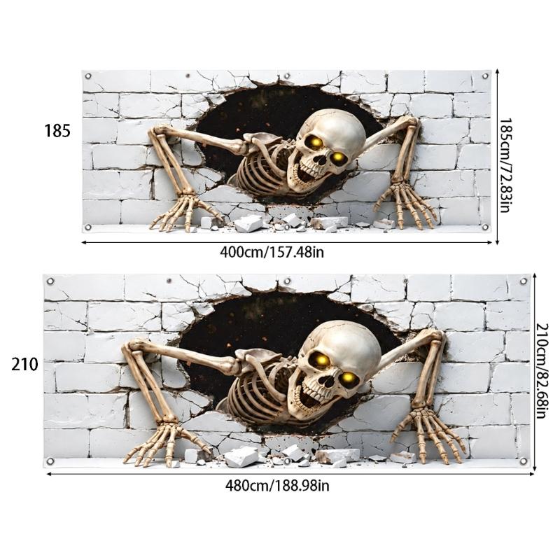 Pongee Fabric Halloween Garage Decoration, Full Skeleton Brick Wall Artwork for Parties and Community Displays