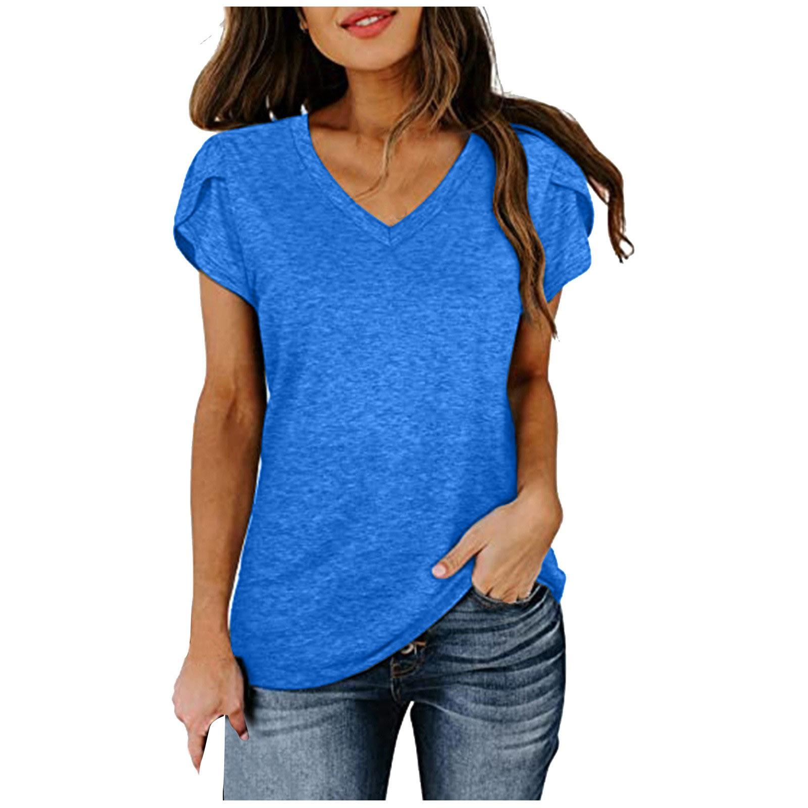 Women s Summer V-Neck Casual Loose Petal Sleeves Cotton Blouses Plain -Shirts XL синий