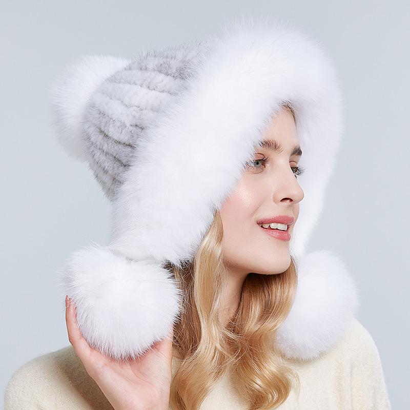 Winter Real Mink Fur Hat for Women Fox Fur Pompom Ear Protect Caps Warm Lined Knitted Fur Beanie Hat With Custom Logo