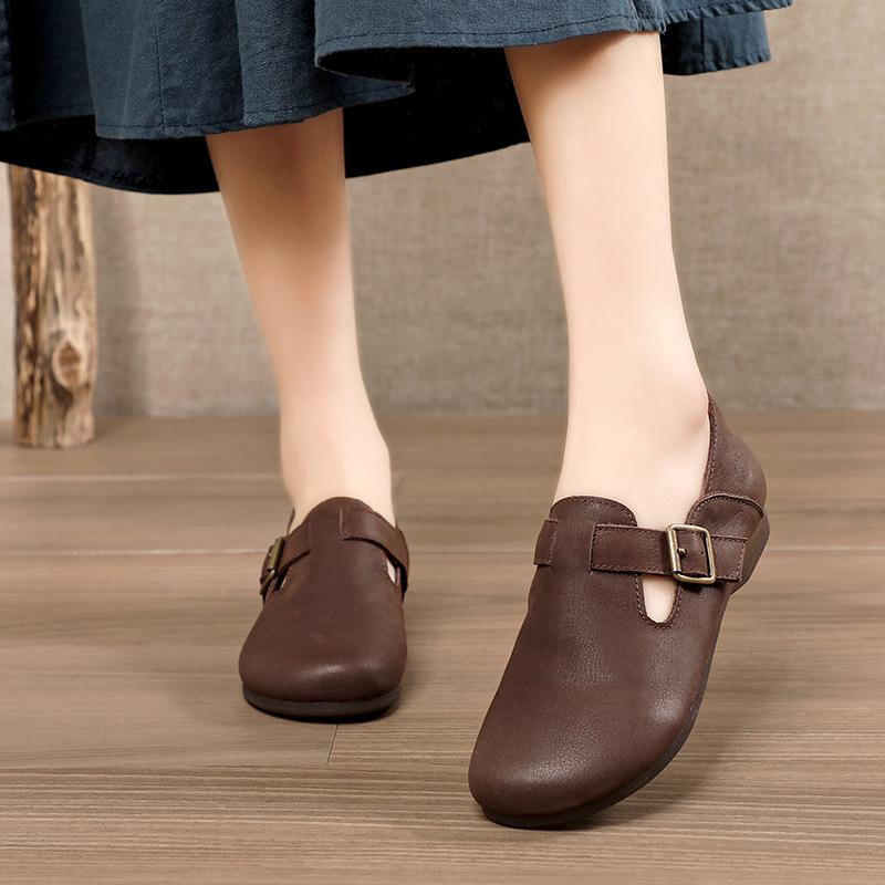 Fashion Leather Winter Flat Women's Shoes Leather Scrub Women's Shoes Mary Jane Shoes Warm Summer Pumps Loafers Retro Nostalgic Coffee