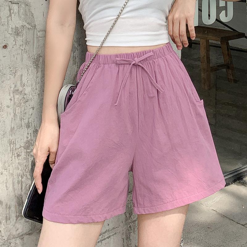 Women Summer Casual Shorts Elastic Waist Drawstring Pockets Shorts Solid Color Wide Leg Loose Short Pants Streetwear