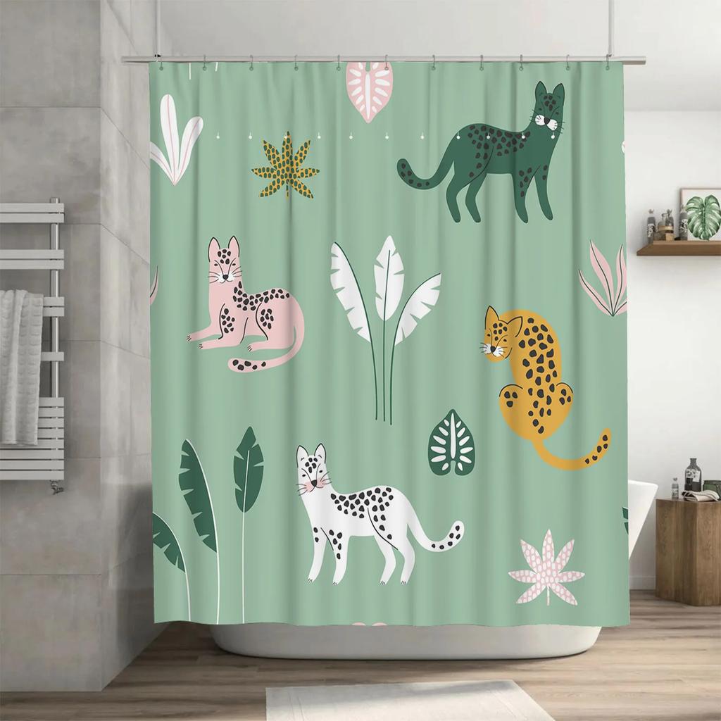 Animal Print Shower Curtain, Cat Design, Green Floral Pattern, Polyester Waterproof Fabric, Modern Bathroom Decor Unique Home Ac
