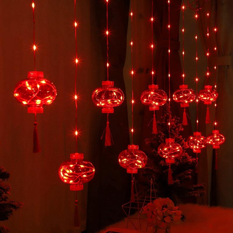 New Year Lantern Curtain Lights Red Lantern Atmosphere Festival Light String 2025 Spring Festival Blessing Decorative Lamp Decor