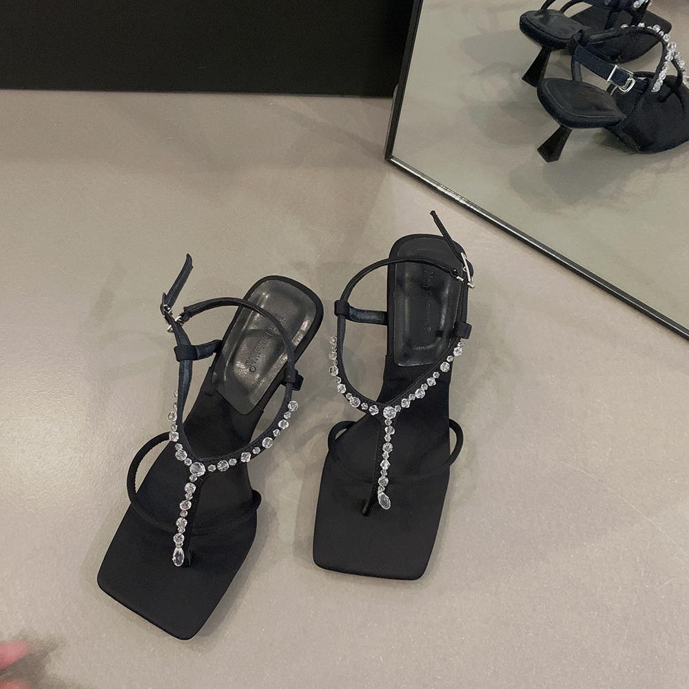 Fashion Rhinestone Chain Women Sandals Summer Outside Dress Shoes Thin High Heels Party Pumps Ankle Strap Sandals Slides Size 35-39