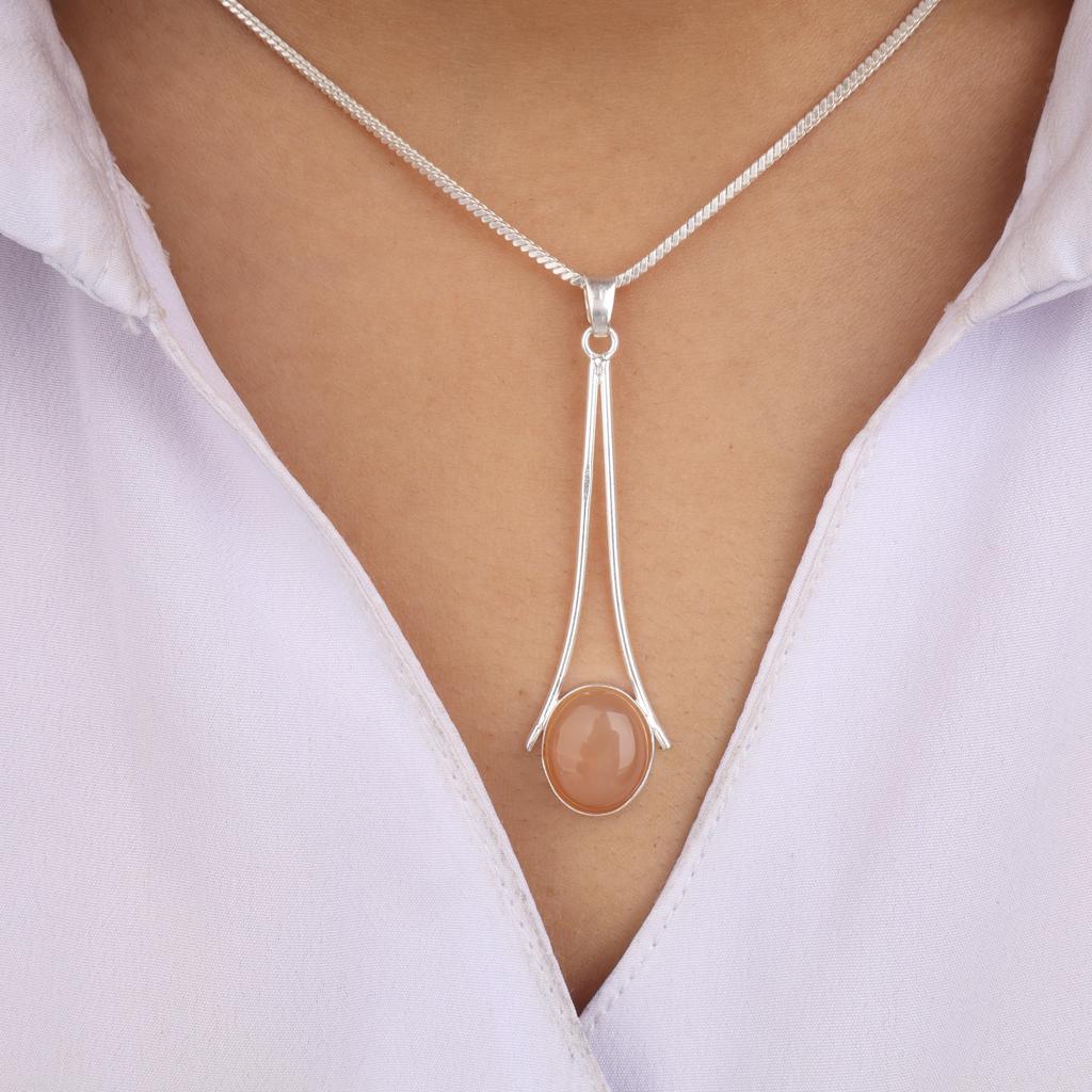 Peach Moonstone Gemstone 925 Sterling Silver Handmade Jewelry Women Pendant 1.79" PP-69-25