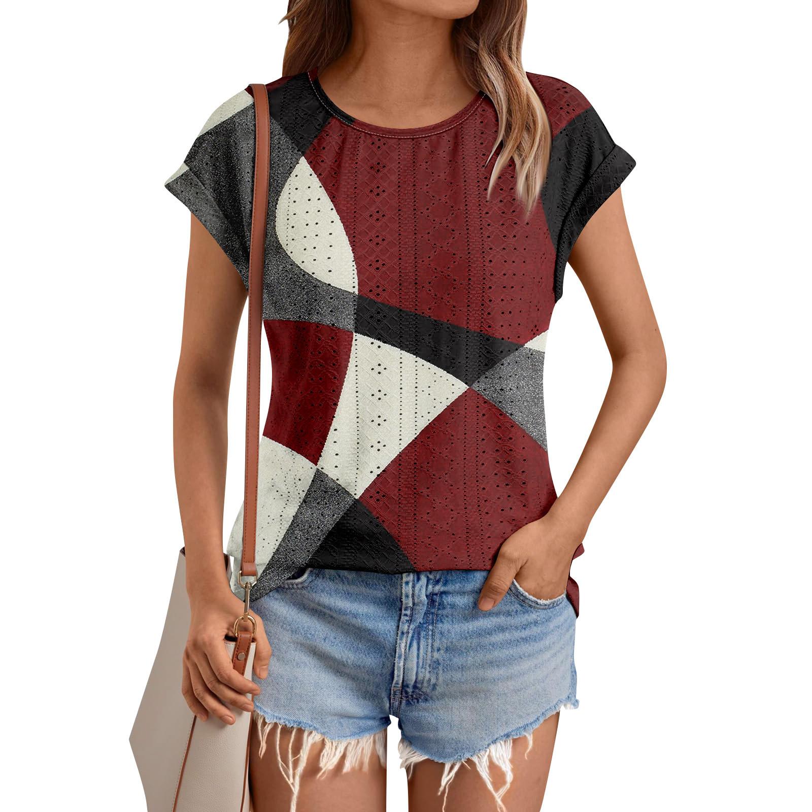 

Женские топы, футболки с коротким рукавом, блузки с принтом, нарядные повседневные ажурные вышивки, летняя модная одежда L винный