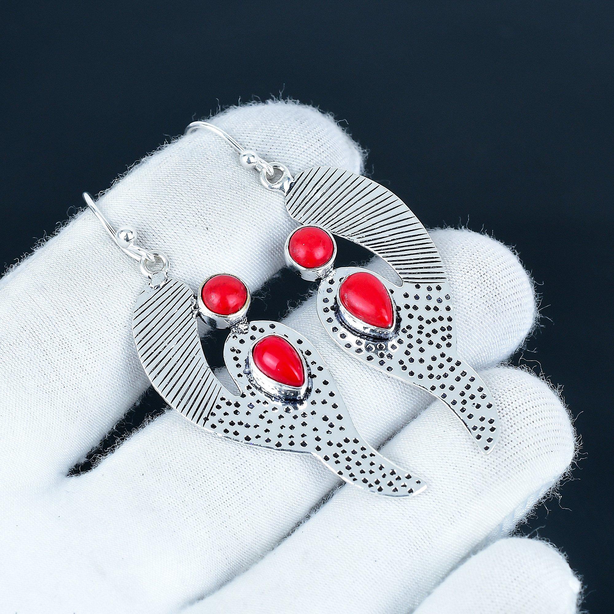 

Серьги с натуральным красным кораллом, серьги из стерлингового серебра 925 пробы, серьги-подвески, серебряные украшения бохо ручной работы, подарок на День святого Валентина 7 Cm красный