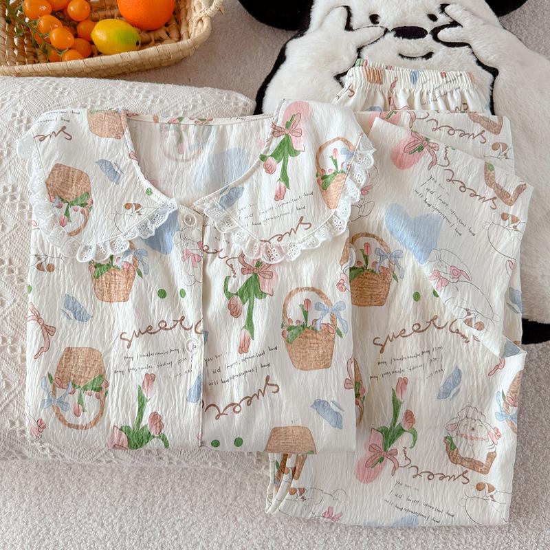Idyllic Clouds Cotton Edge Princess Collar Pajamas Women'S Long Sleeves Trousers Homewear