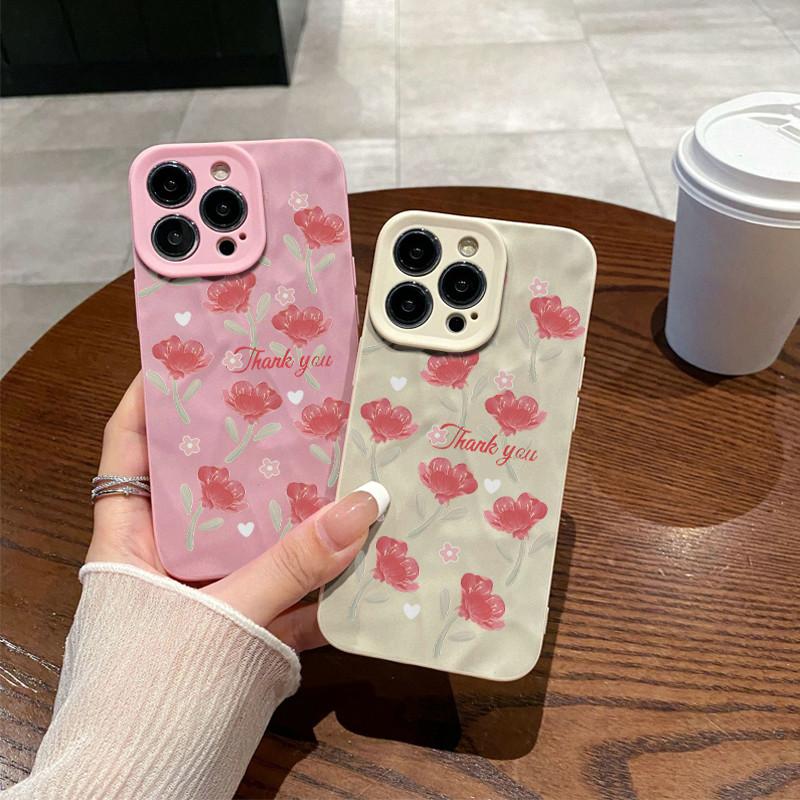 Surface Wrinkles and Unevenness Phone Shell Red Flowers Floral Printed Protective Matte TPU Cover Soft Silicone Case