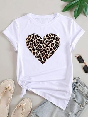 (Asiatische Größe) Frauen T Top Leopard Liebe Herz Stil Kleidung Casual Kurzarm T Shirt Mode Druck Dame Weibliche Grafik T-shirts
