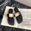 Metal buckle square head pinch foot flat-bottomed slippers women's 2025 spring new open-toed soft-bottomed flat-heeled sandals slippers