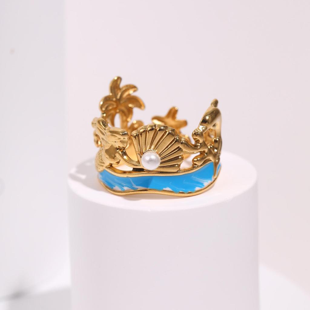 Ocean Style Mermaid Bangle with Coconut Tree & Pearl Inlay, Stainless Steel Jewelry