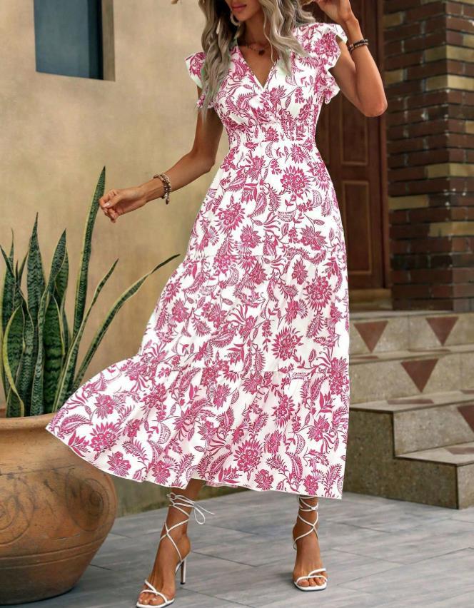Yahua Women's Bohemian V-Neck Floral Dress - Elegant Summer Waist-Cinching Commuter Style 2026