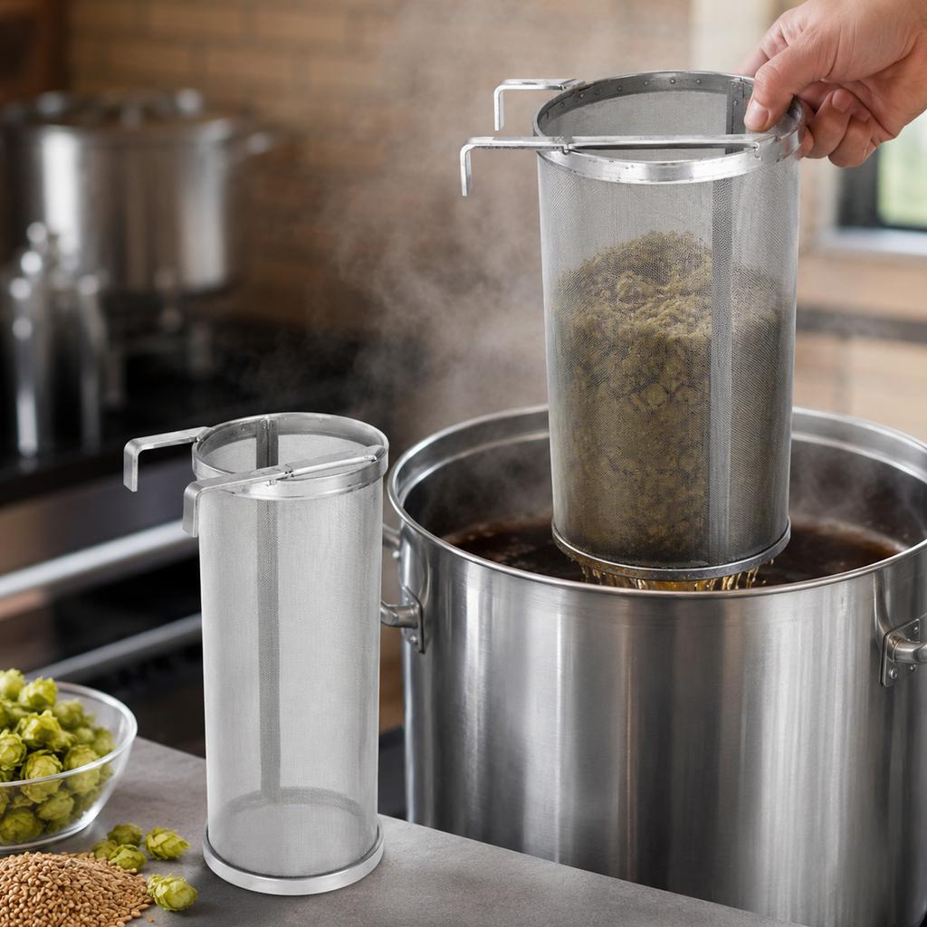 Stainless Steel Beer Brewing Filter Cylinder with Dual Handles Food Grade Mesh Strainer for Home Brewing and Craft Beer Filtration