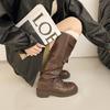 New Style Women'S Autumn Platform Lace Up Knight Boot Round Toe Pull-On Chunky Heel Belt Buckle Knee High Boots Motercycle Boots