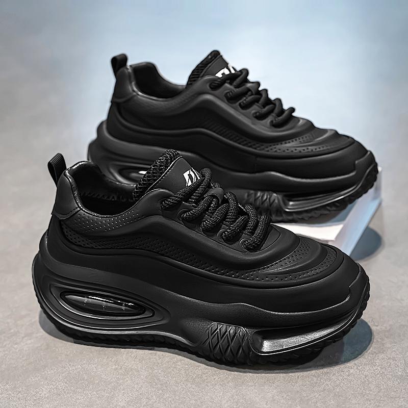 Schwarze Shell Toe Sneakers aus Leder für Herren – Dicke Sohle, trendige Herbst-Sportschuhe