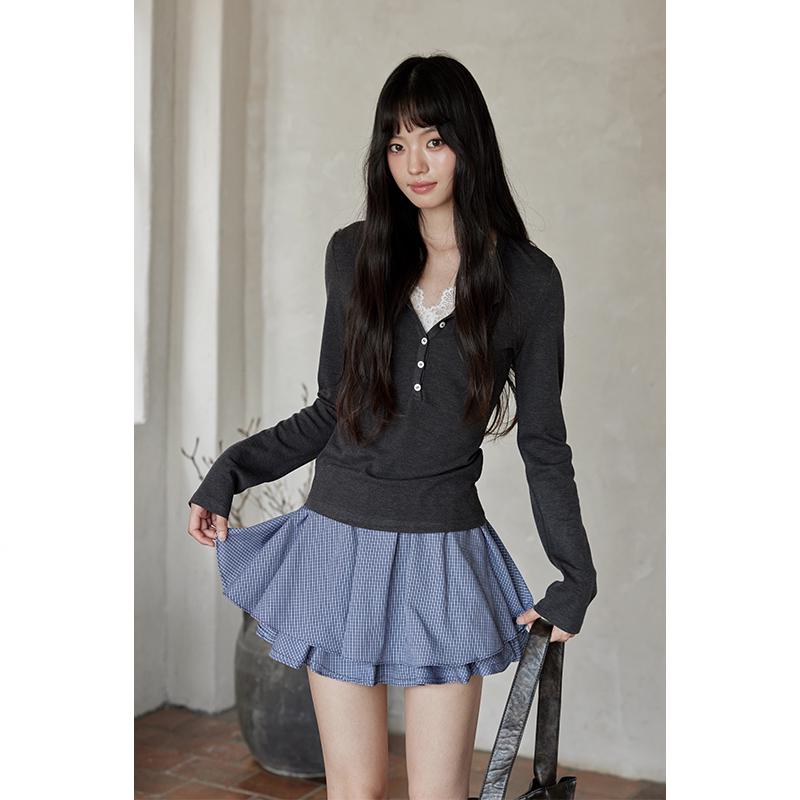 Xi Meng 2025 Осень Корейский стиль Короткий кружевной лоскутный костюм-двойка с длинным рукавом Small