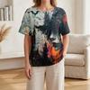 Women Casual Short Sleeve Henley Shirt Cotton Linen Blend Halloween Print Front Pocket Button Neck Blouse