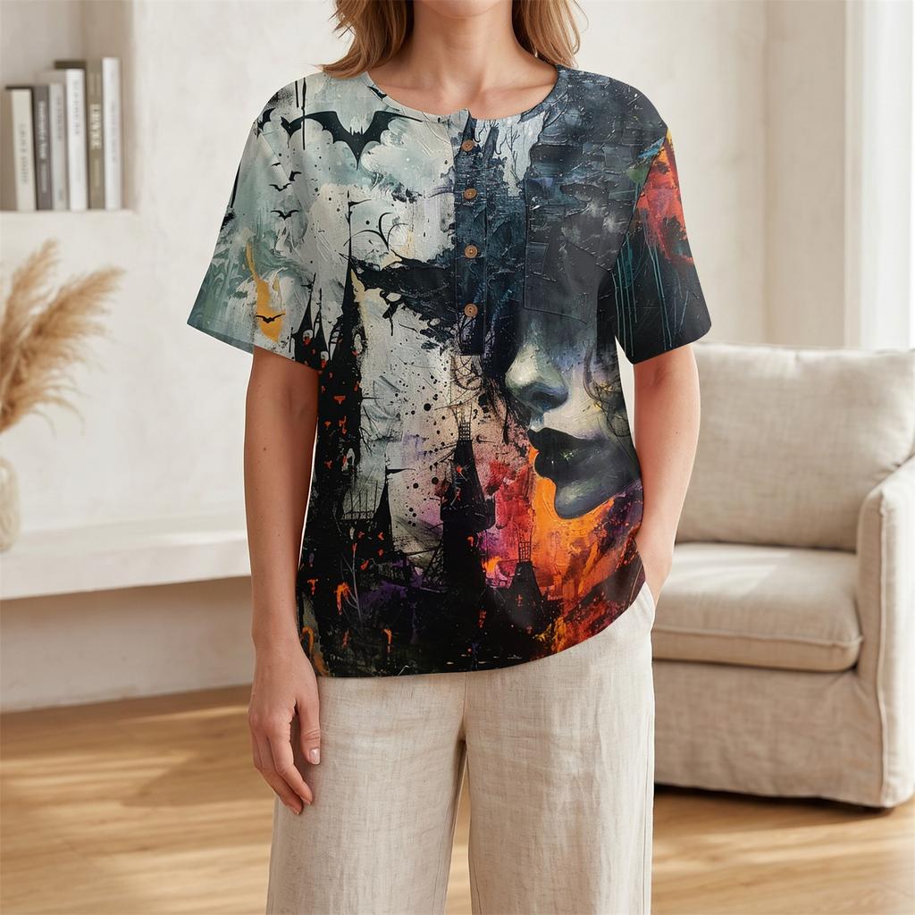 Women Casual Short Sleeve Henley Shirt Cotton Linen Blend Halloween Print Front Pocket Button Neck Blouse