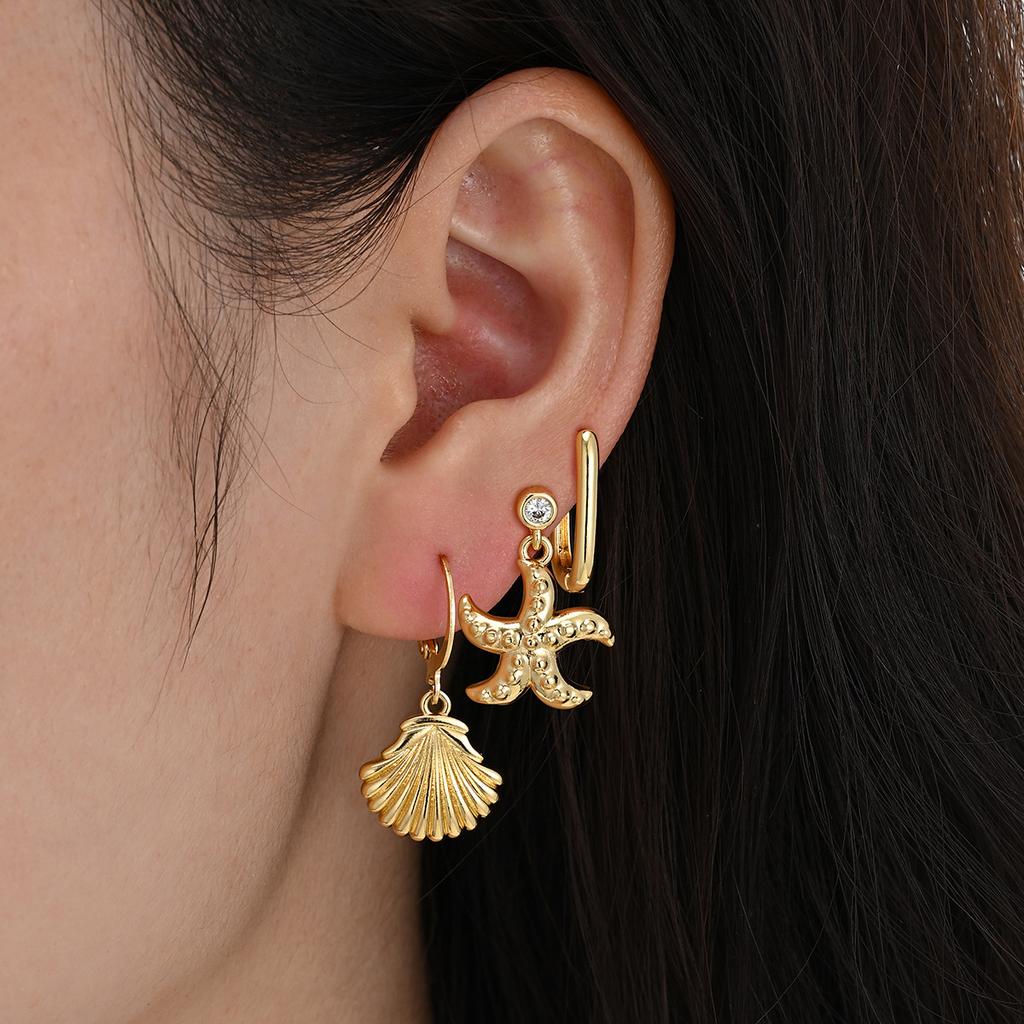 3pcs Set Creative Personality Gold Color Shell Starfish Stud Earrings Geometry Hoop Earrings for Women Beach Casual Jewelry Gift