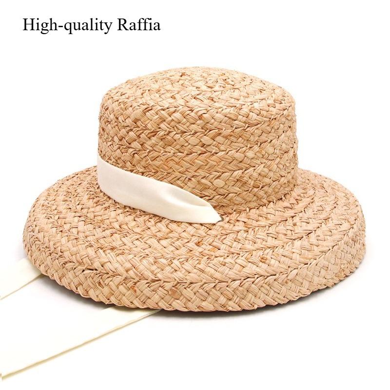 High-quality Handmade Raffia Weaving Sun Protection Sun Hat Hepburn Style Lady Flat Bucket Hat Outdoor Women Holiday Beach Cap