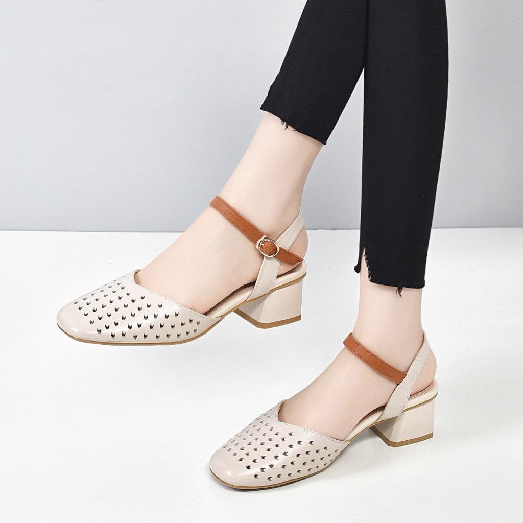Color matching sandals women's summer simple temperament bag head empty thick heel women's shoes one-word buckle breathable punched sandals