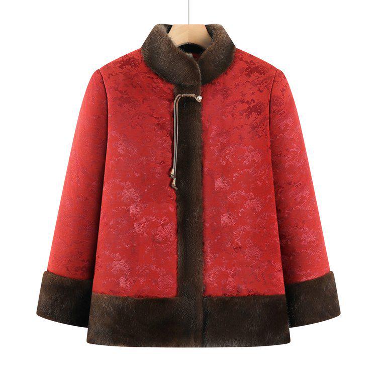

Women s Dark Patterned Stand Collar Short Jacket with Faux Fur, Zipper, for Autumn and Winter - Warm Top for Middle-Aged and Older Women. 3XL червоний