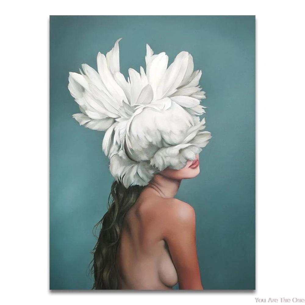 Nordic Flowers Head Woman Canvas Paintings On the Wall Art Posters And Prints Feather Girls Wall Pictures Home Decoration