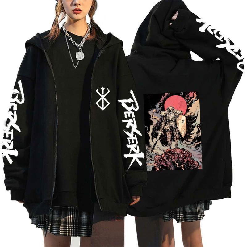 Womens Berserk Anime Print Zip-Up Hoodie Casual Loose Sweatshirt