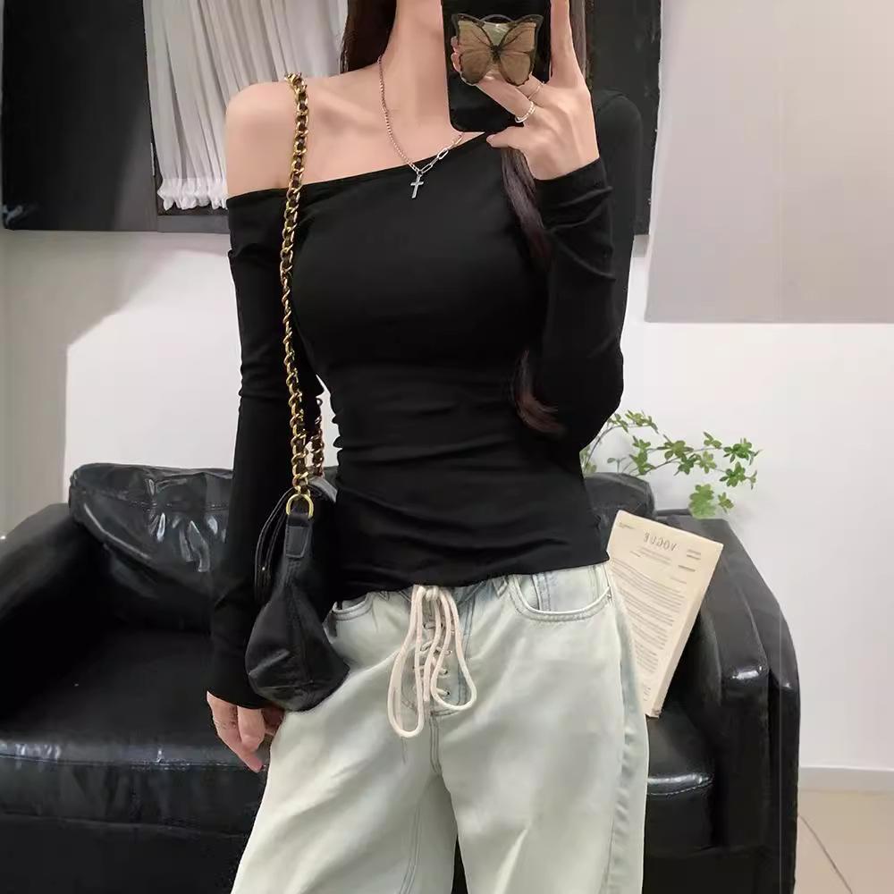 Slant Shoulder Long-sleeved T-shirt Women's Early Autumn New Super Fire Slim and Thin Spice Girl Niche Off-the-shoulder Top