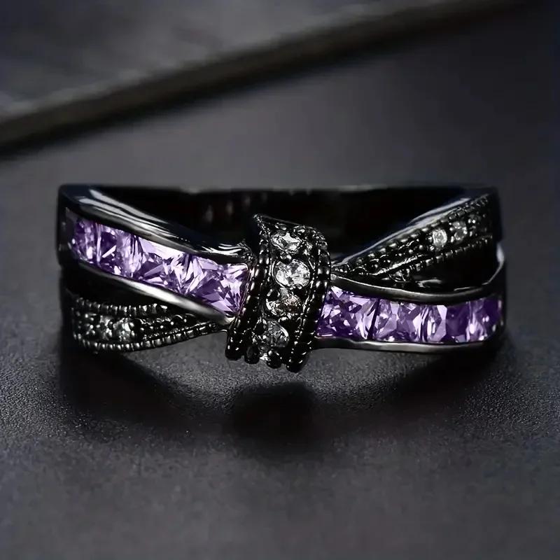 2025 New Purple Cubic Zirconia Ring with Sparkling Square Crystal, High End Women's Personalized Fashion Cocktail Party Zircon