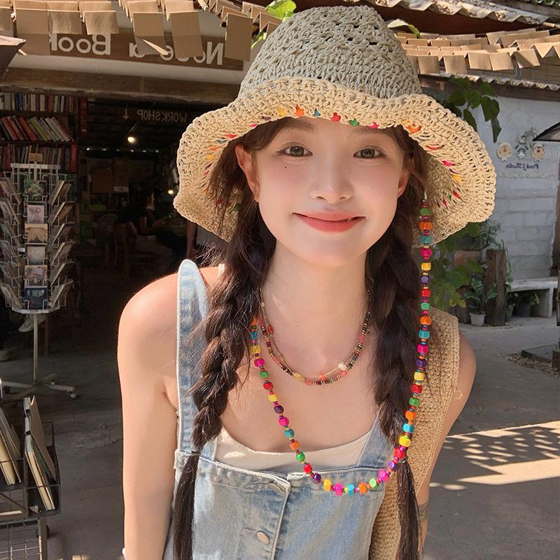 Summer New Seaside Sun Hat Breathable Sunscreen Hat Large Brim Bucket Hat Foldable French Lace Straw Hat