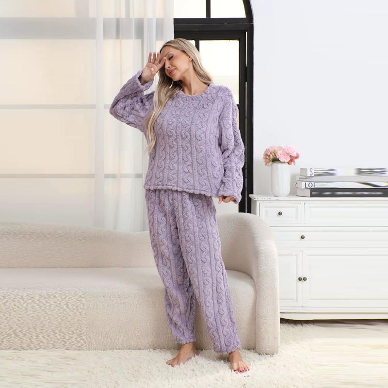 Herbst Winter Warmes 2-teiliges Pyjama-Set für Damen Hauskleidung Flanell Langarm Oberteile und Hosen Hauskleidung Loungewear