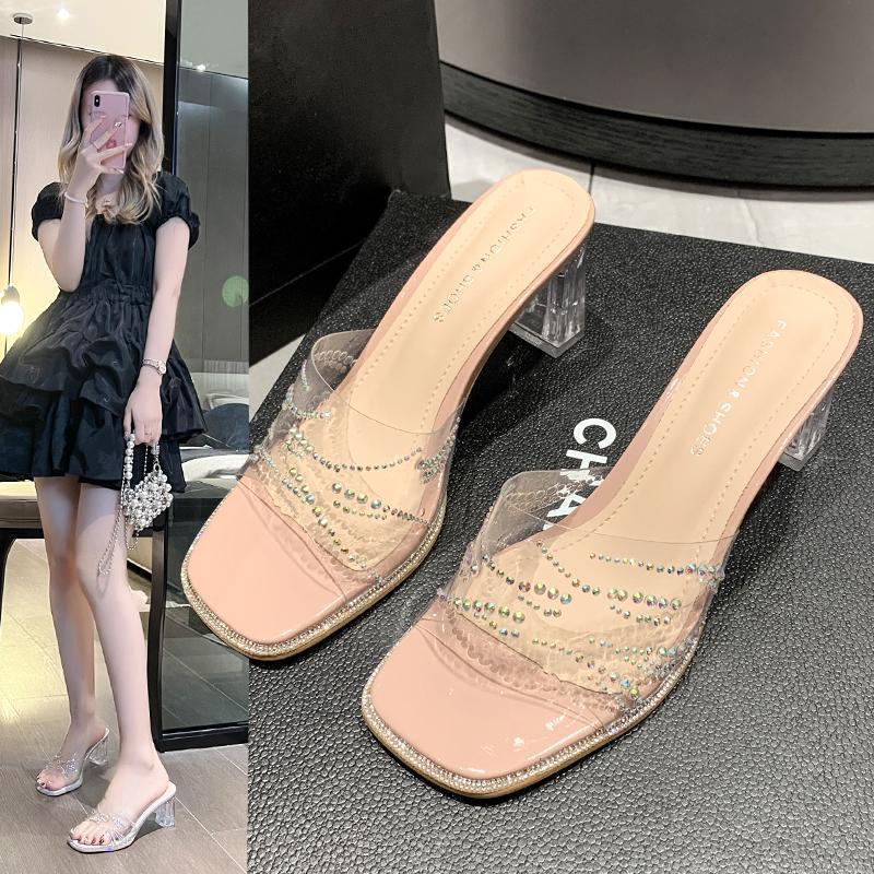 2025 summer new transparent high-heeled one-word cool slippers women's outer wear fashion crystal thick heel versatile half-drag
