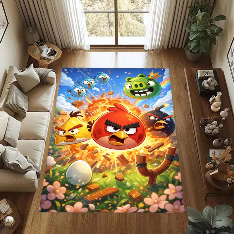 Various Styles of Angry Birds 2 Themed Printed Rugs for Soft Bedroom Floors, and Non-slip Welcome Mats for Home Laundry Rooms.