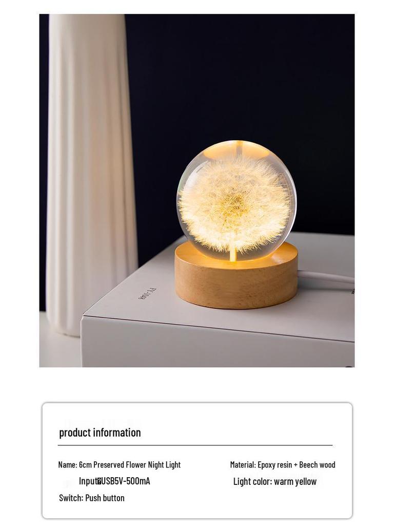Dandelion Crystal Ball Night Light with Preserved Flower