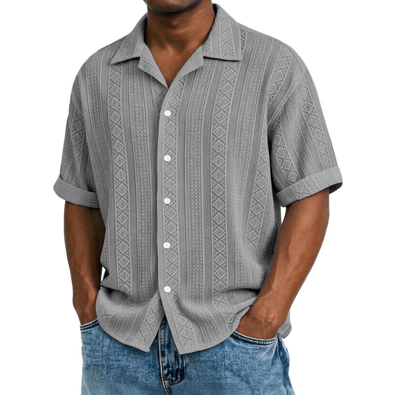 Mens Jacquard Short Sleeve Casual Loose Lapel Solid Vacation Beach Shirt