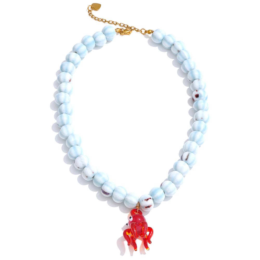 

Yhpup Summer Blue Ceramic Round Beads Chain Octopus Pendant Cute Manual Necklace Beach Daily Stainless Steel Jewelry Recommend