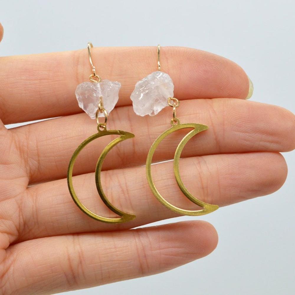 Exquisite Simple Gold Color Stainless Steel Hollowed-out Crescent Moon Irregular Crystal Dangle Earrings for Women Jewelry Gift