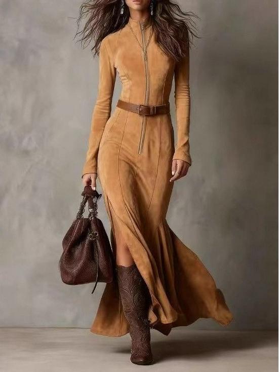 European High-Quality Suede Stand Collar Zipper Dress - New Fashionable & Elegant 2026 Collection