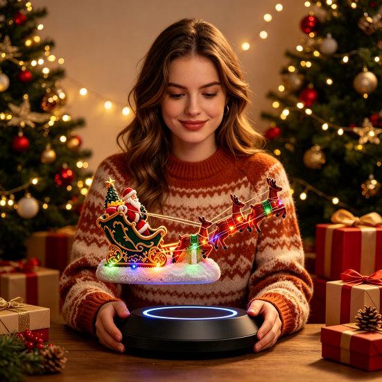 Magic Holiday Decoration Lighted Floating Santa Sleigh, Magnetic Levitation Flying Sleigh Ornament with Christmas Party Decor LED Light, Centerpiece